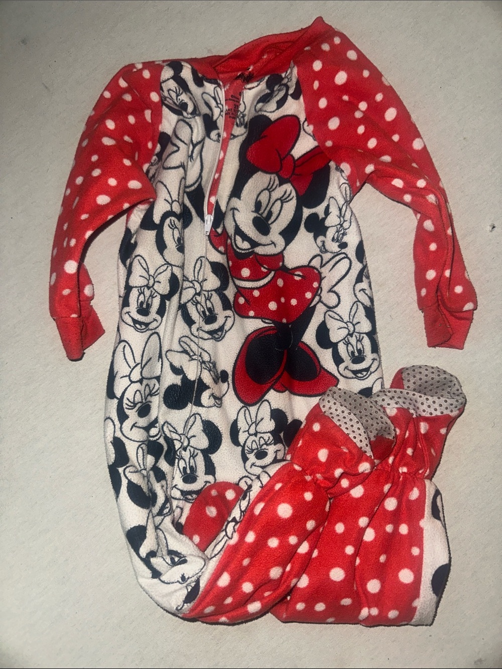 Kids Size 2T Minnie Mouse Red Polka Dot Fleece Footed Sleeper